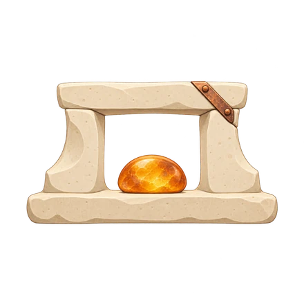 The Joined Hearth concept emblem: ivory stone joined with copper around a protected amber stone.